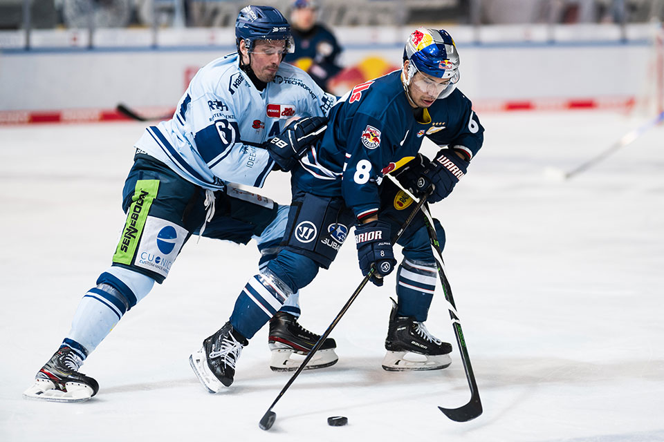 Justin Braun von den Straubing Tigers und Austin Ortega von Red Bull Mnchen.