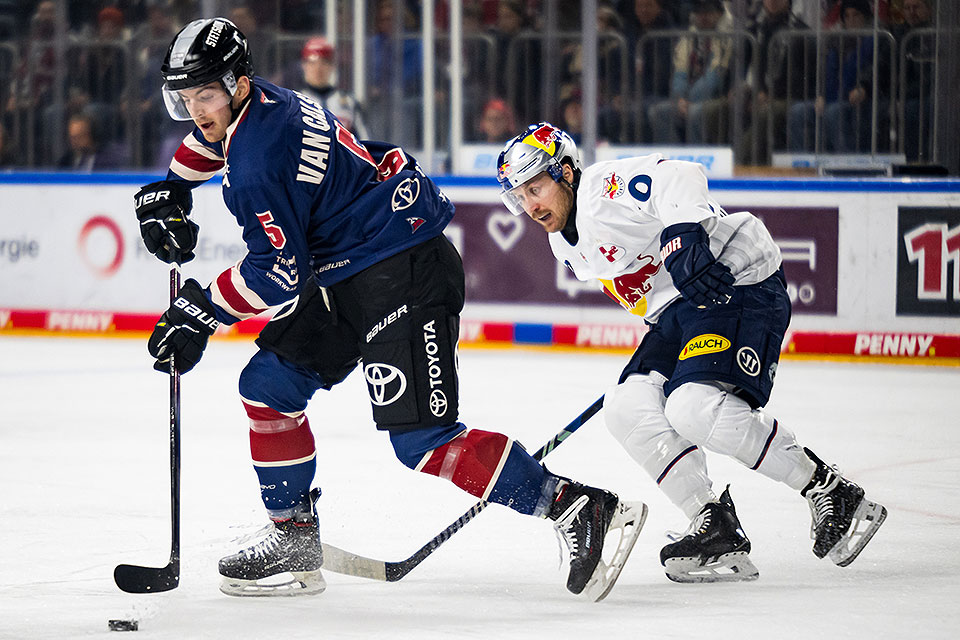 Robin von Calster von den Klner Haien fhrt den Puck vor Maximilian Daubner von Red Bull Mnchen.