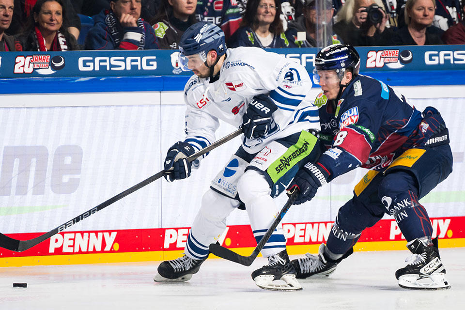 Tim Fleischer von den Straubing Tigers und Jonas Mller von den Eisbren Berlin im Zweikampf.